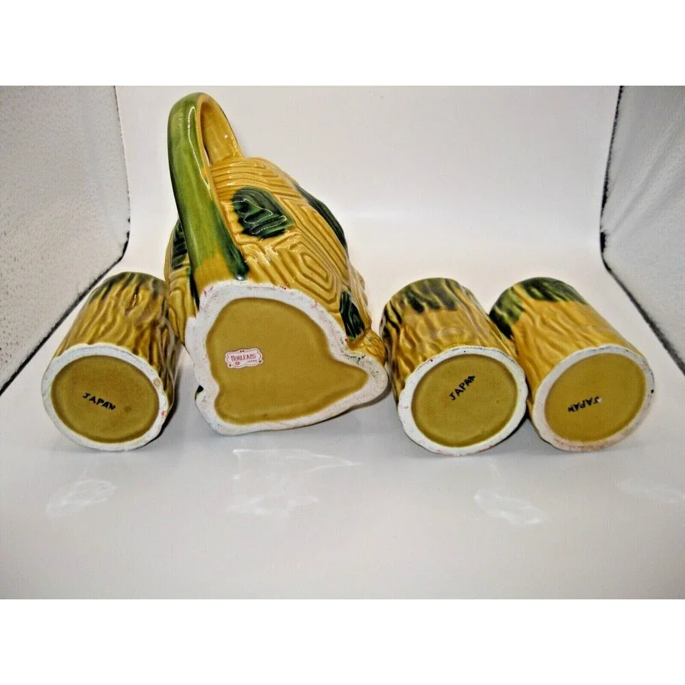 Anthropomorphic Turtle Pitcher & 4 Cups Tiki Barware Norleans Gold & Green Japan